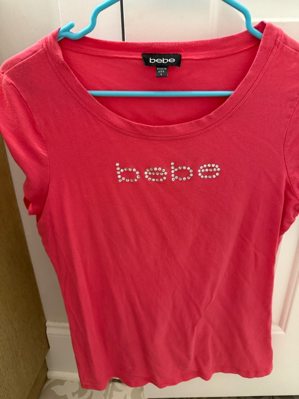 bebe Women's Hot Pink Crystal Logo Short Sleeve Tee